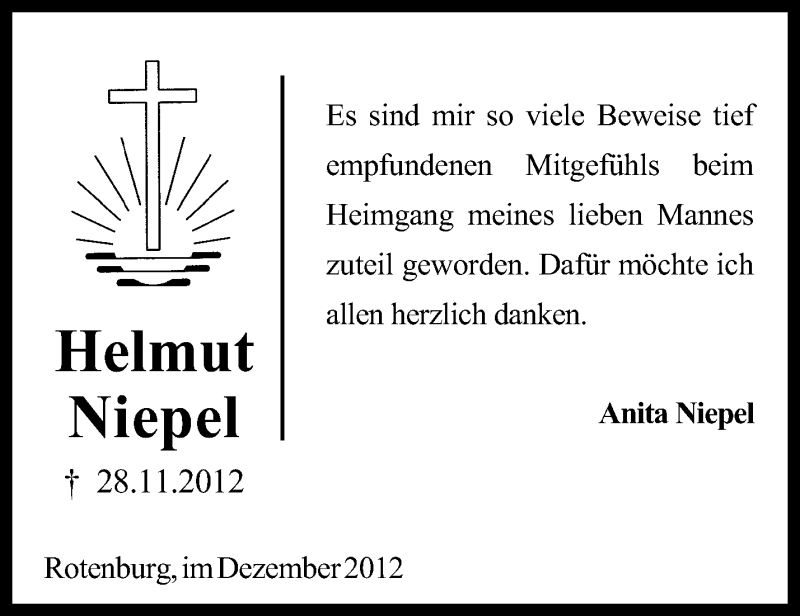  Traueranzeige für Helmut Niepel vom 22.12.2012 aus KRZ