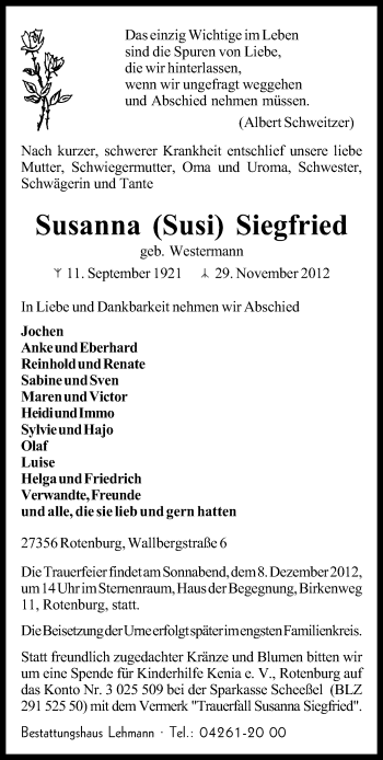 Traueranzeige von Susanna Siegfried von KRZ