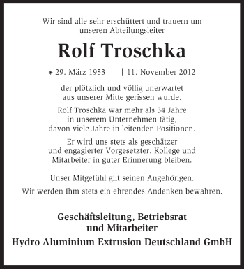 Traueranzeige von Rolf Troschka von KRZ