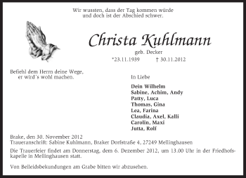 Traueranzeige von Christa Kuhlmann von KRZ