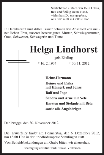 Traueranzeige von Helga Lindhorst von KRZ