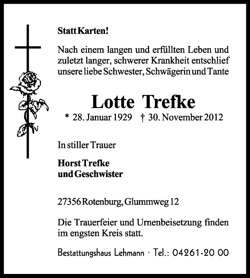  Traueranzeige für Lotte Treffke vom 03.12.2012 aus KRZ