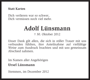 Traueranzeige von Adolf Lünsmann von KRZ