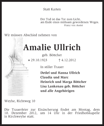 Traueranzeige von Amalie Ulrich von KRZ