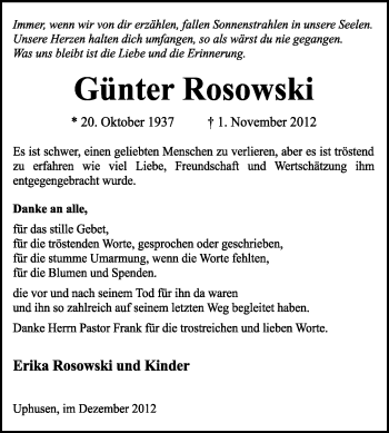 Traueranzeige von Günter Rosowski von KRZ