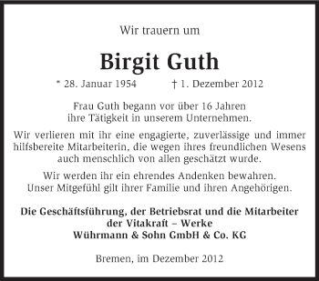 Traueranzeige von Birgit Guth von KRZ