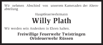 Traueranzeige von Willy Plath von KRZ