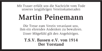 Traueranzeige von Martin Peinemann von KRZ