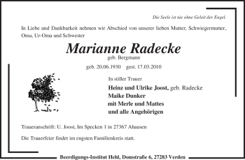 Traueranzeige von Marianne Radecke von KREISZEITUNG SYKE