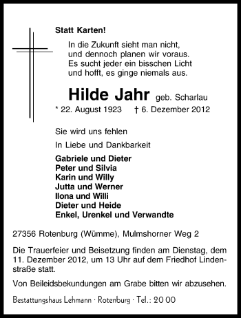Traueranzeige von Hilde Jahr von KRZ
