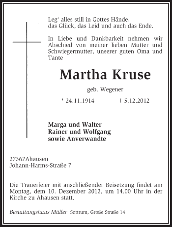 Traueranzeige von Martha Kruse von KRZ