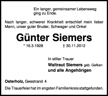 Traueranzeige von Günter Siemers von KRZ