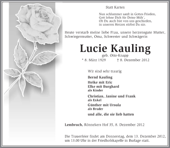 Traueranzeige von Lucie Kauling von KRZ