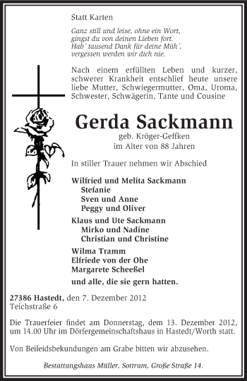 Traueranzeige von Gerda Sackmann von KRZ