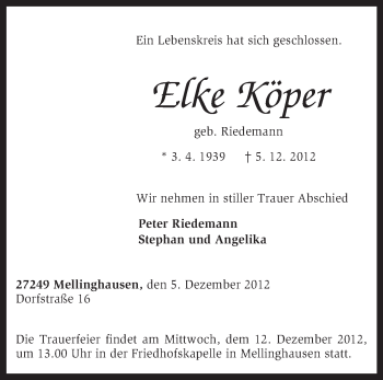 Traueranzeige von Elke Köper von KRZ