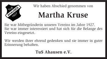 Traueranzeige von Martha Kruse von KRZ