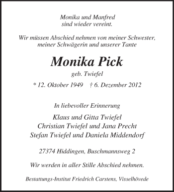 Traueranzeige von Monika Pick von KRZ