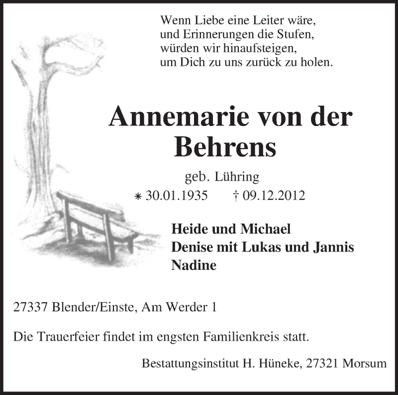  Traueranzeige für Annemarie  von der Behrens vom 13.12.2012 aus KRZ