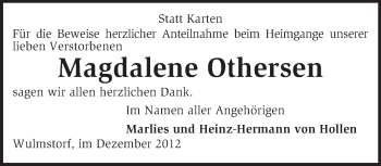 Traueranzeige von Magdalene Othersen von KRZ