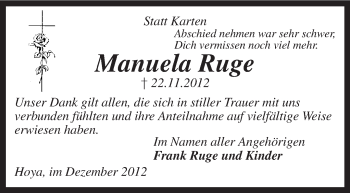 Traueranzeige von Manuela Ruge von KRZ