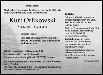 Traueranzeige von Kurt Orlikowski von KRZ