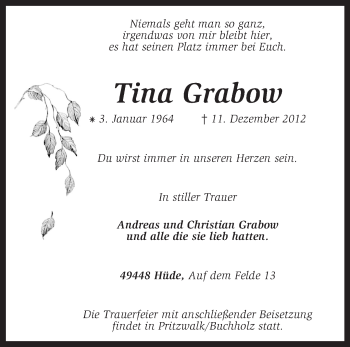 Traueranzeige von Tina Grabow von KRZ