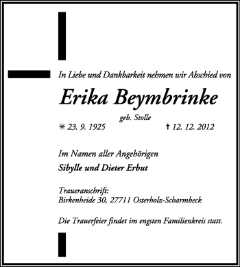 Traueranzeige von Erika Beymbrinke von KRZ