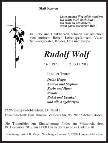 Traueranzeige von Rudolf Wolf von KRZ