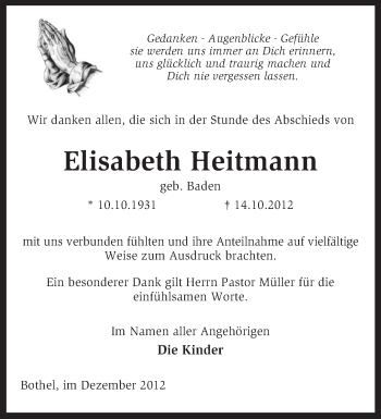 Traueranzeige von Elisabeth Heitmann von KRZ