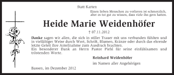 Traueranzeige von Heide Marie Weidenhöfer von KRZ