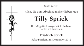 Traueranzeige von Tilly Sprick von KRZ