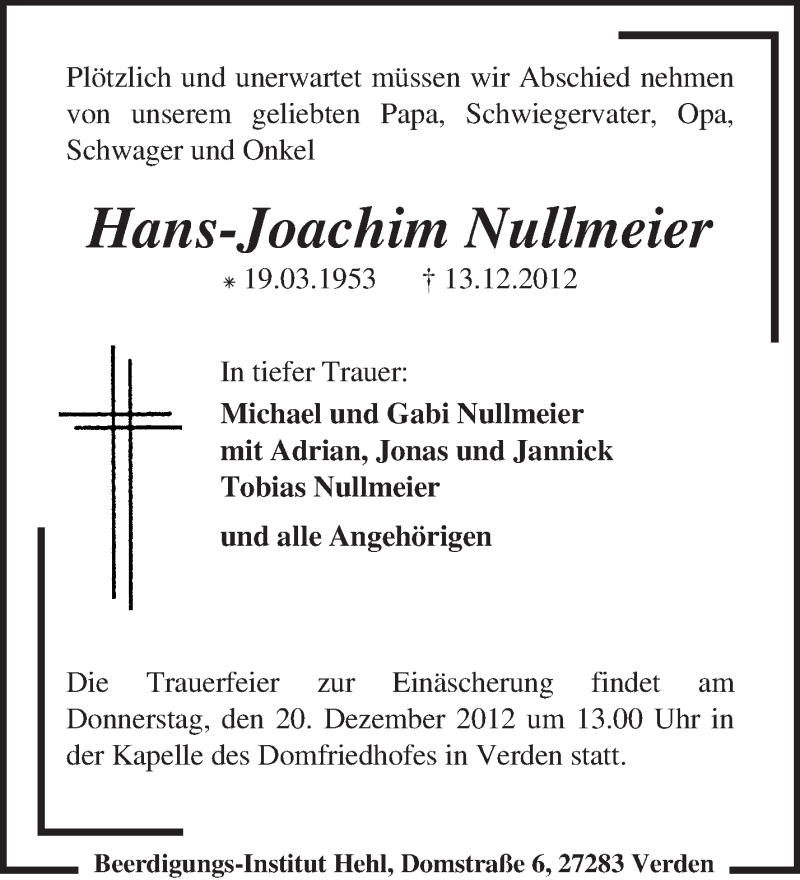  Traueranzeige für Hans-Joachim Nullmeier vom 15.12.2012 aus KRZ
