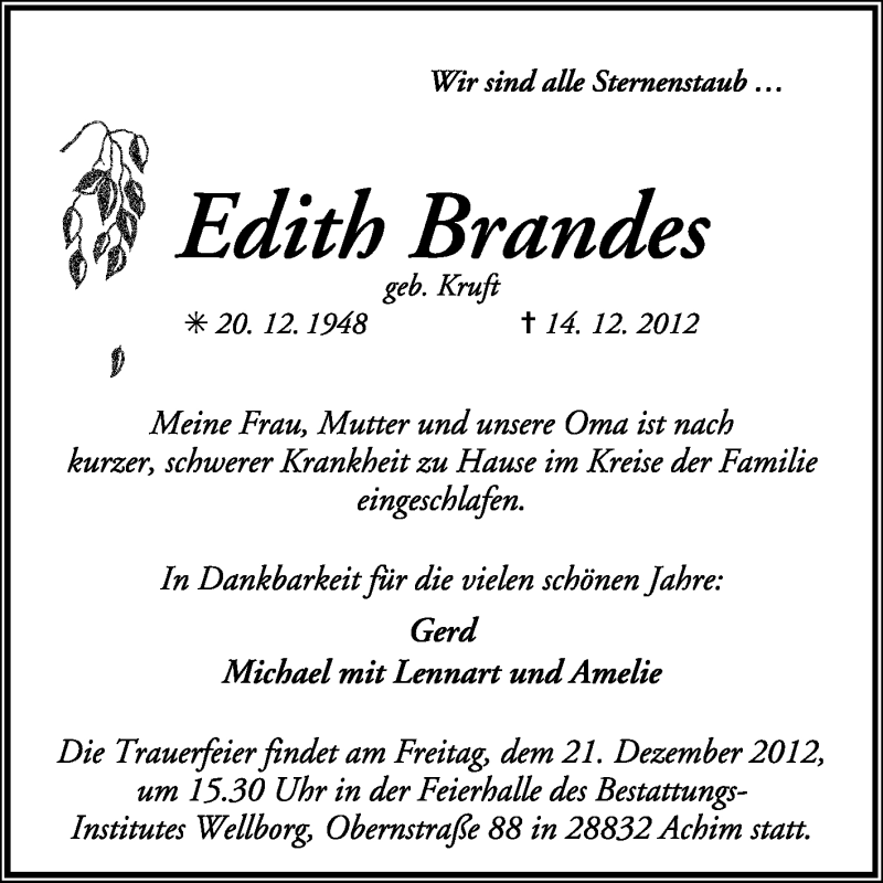  Traueranzeige für Edith Brandes vom 18.12.2012 aus KRZ