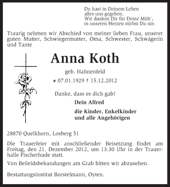 Traueranzeige von Anna Koth von KRZ