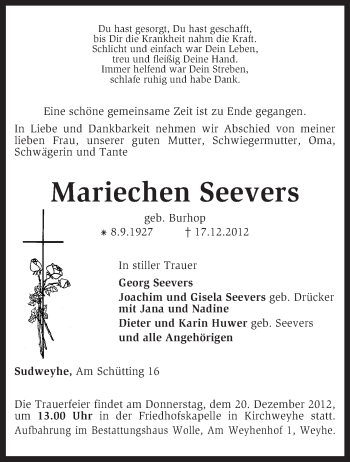 Traueranzeige von Mariechen Seevers von KRZ