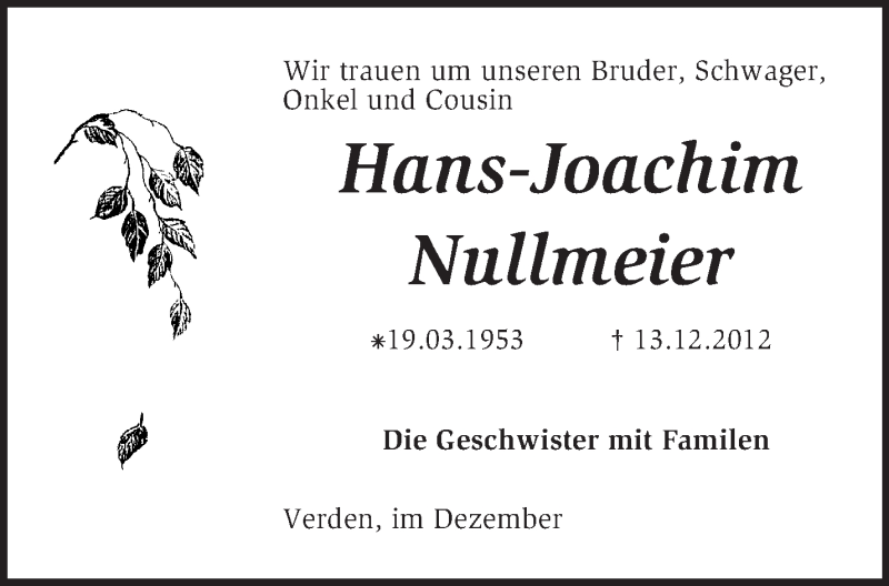  Traueranzeige für Hans-Joachim Nullmeier vom 19.12.2012 aus KRZ