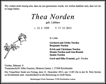 Traueranzeige von Thea Norden von KRZ