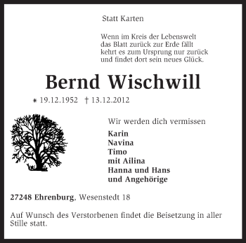 Traueranzeige von Bernd Wischwill von KRZ