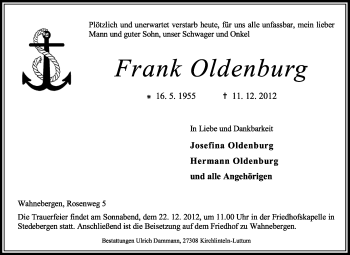 Traueranzeige von Frank Oldenburg von KRZ