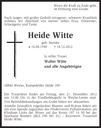 Traueranzeige von Heide Witte von KRZ