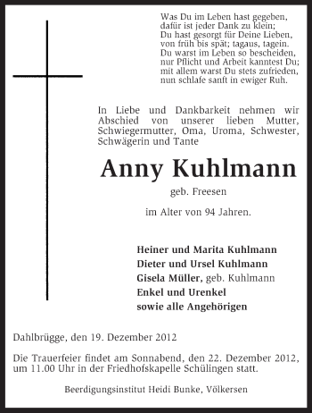 Traueranzeige von Anny Kuhlmann von KRZ