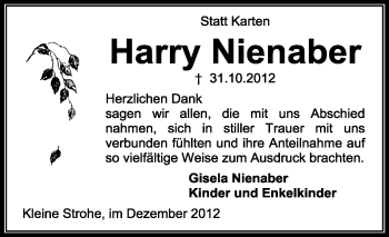 Traueranzeige von Harry Nienaber von KRZ