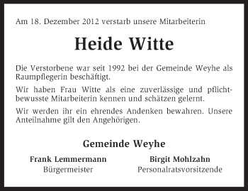 Traueranzeige von Heide Witte von KRZ