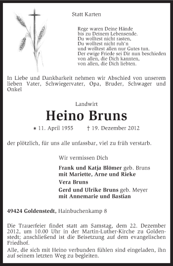 Traueranzeige von Heino Bruns von KRZ