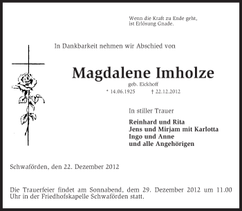 Traueranzeige von Magdalene Imholze von KRZ