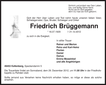 Traueranzeige von Friedrich Brüggemann von KRZ