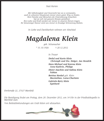 Traueranzeige von Magdalena Klein von KRZ