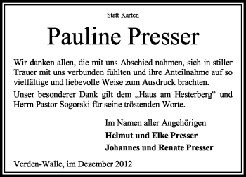 Traueranzeige von Pauline Presser von KRZ