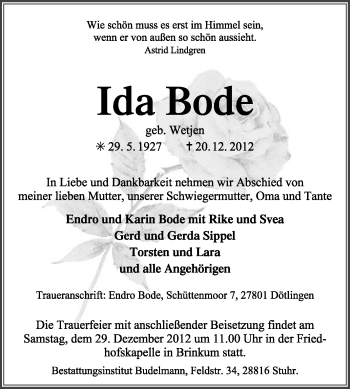 Traueranzeige von Ida Bode von KRZ