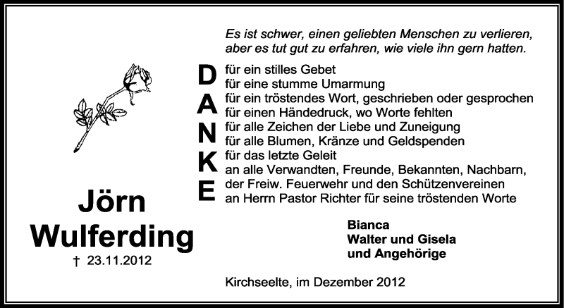  Traueranzeige für Jörn Wulferding vom 28.12.2012 aus KRZ